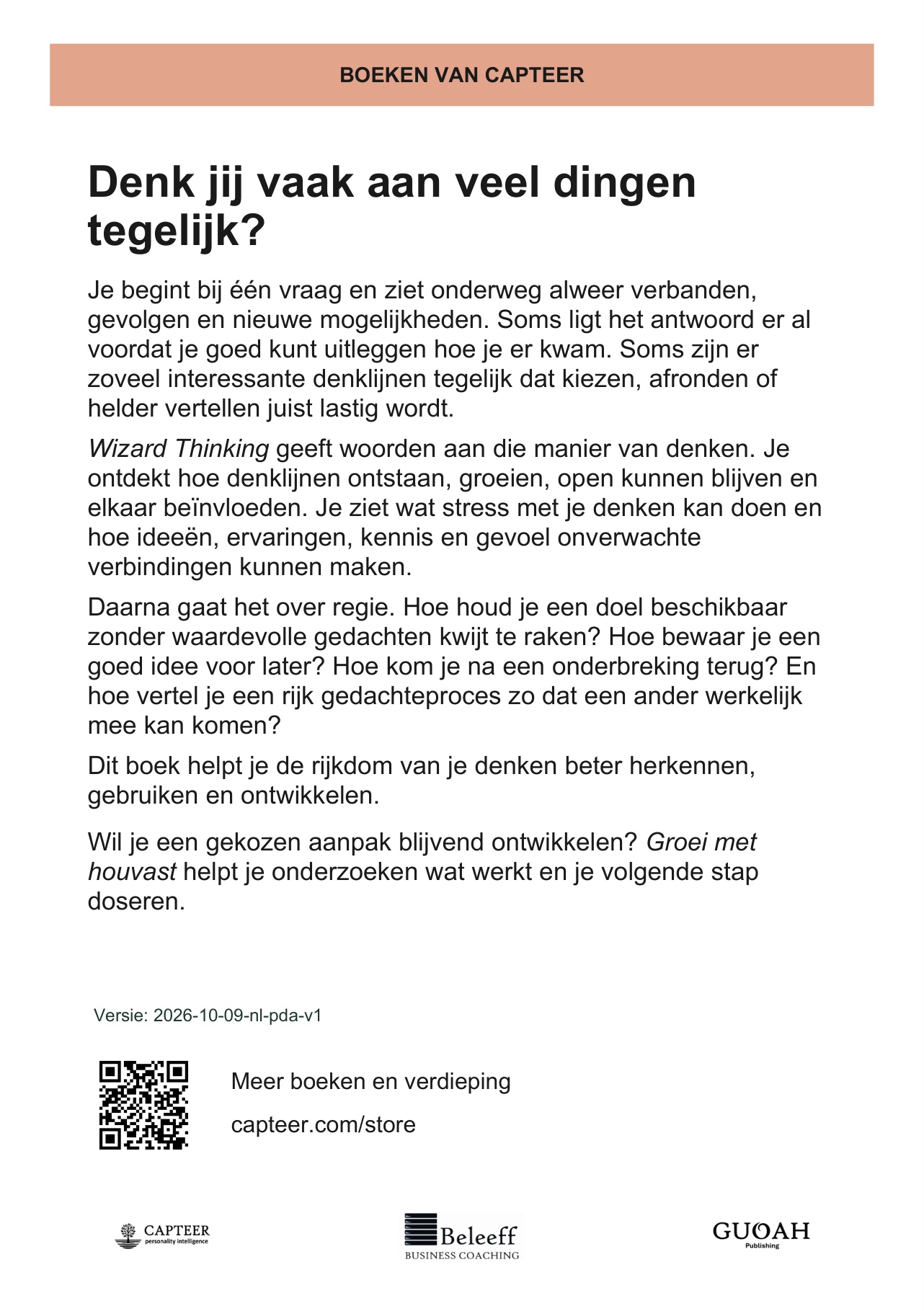 Achterkant van Wizard Thinking met de vraag Denk jij vaak aan veel dingen tegelijk?, de boekbeschrijving en winkel-QR.